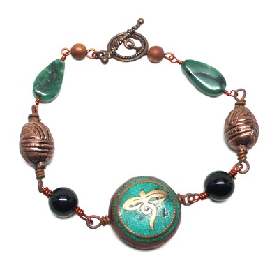Buddha's Tear Om Aum Copper Wire-Wrap Chunky Gemstone Unisex Bracelet 9.5 Inch OOAK - image3